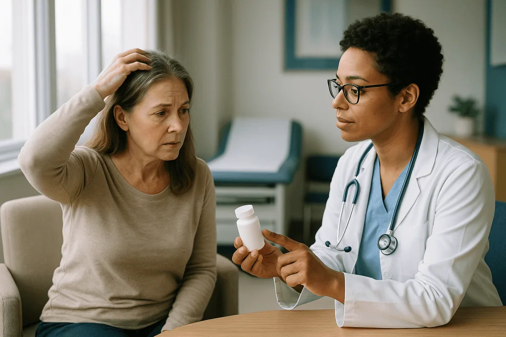 Doctor consulting patient in clinic office setting: What is spironolactone, and why would a blood pressure medicine affect h