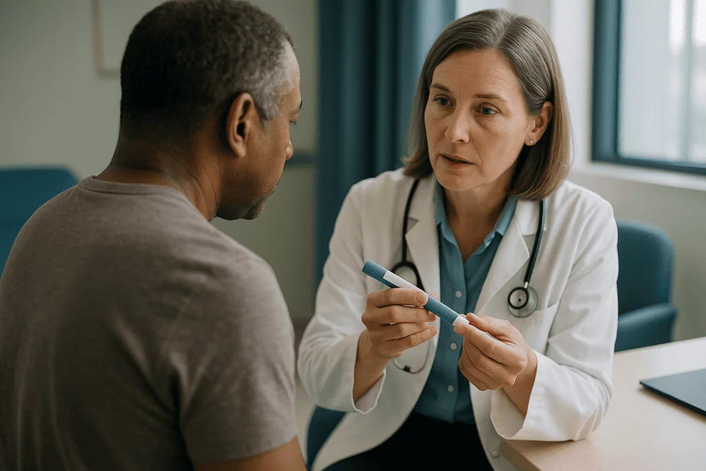 Doctor consulting patient with pen or device: What is survodutide, exactly?