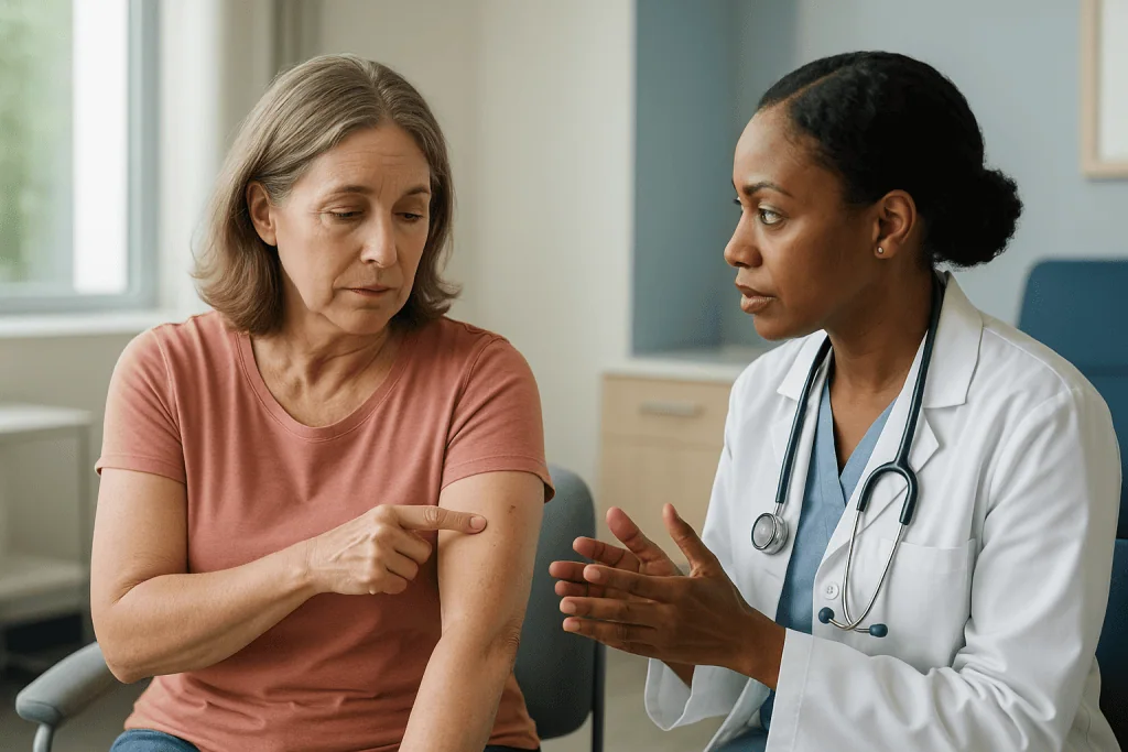 Doctor consulting with adult patient about skin concern: What is the 2 week rule for skin cancer?