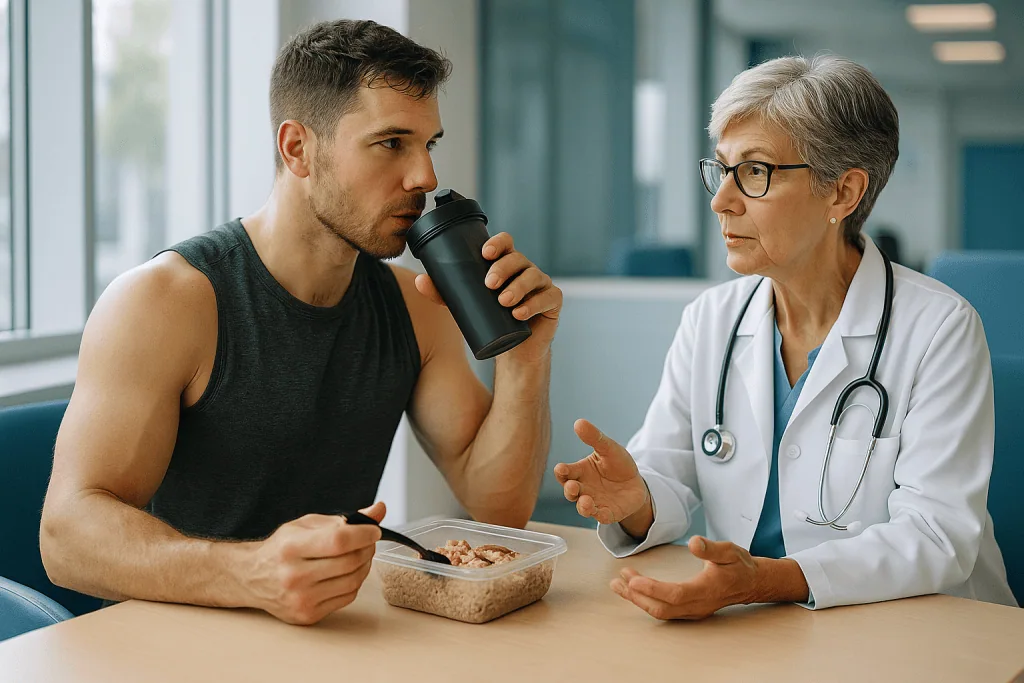 Young athlete consulting with senior female physician about nutrition: What is the anabolic window, in plain terms?
