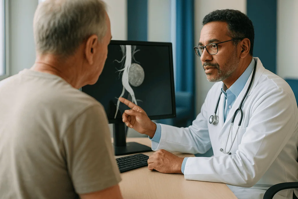 Doctor reviewing medical imaging with elderly patient consultation: What is the best imaging for aortic aneurysm follow-up?