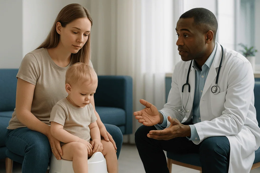 Pediatrician consulting with mother and toddler in clinic: What is the best potty training age, and does earlier mean faster