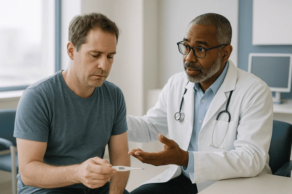 Doctor consulting patient about test results in clinic: What is the difference between fever and malaria?
