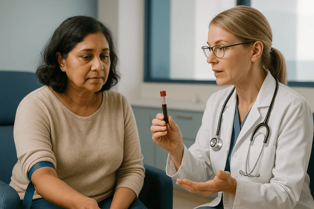 Doctor discussing blood test results with patient: What is the ESR test, and how does it differ from CRP?