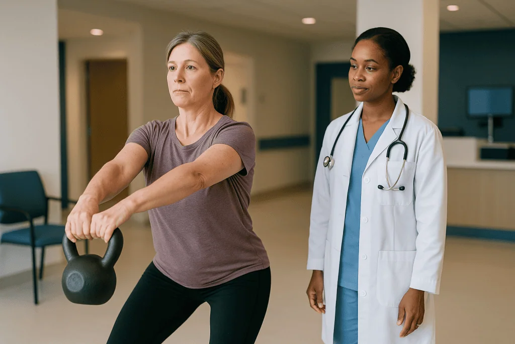 Patient performing kettlebell swing with physician supervising: What is the kettlebell swing good for?