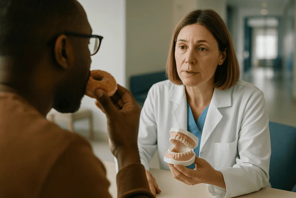 Dentist consulting adult patient about dental model: What is the main cause of a cavity?