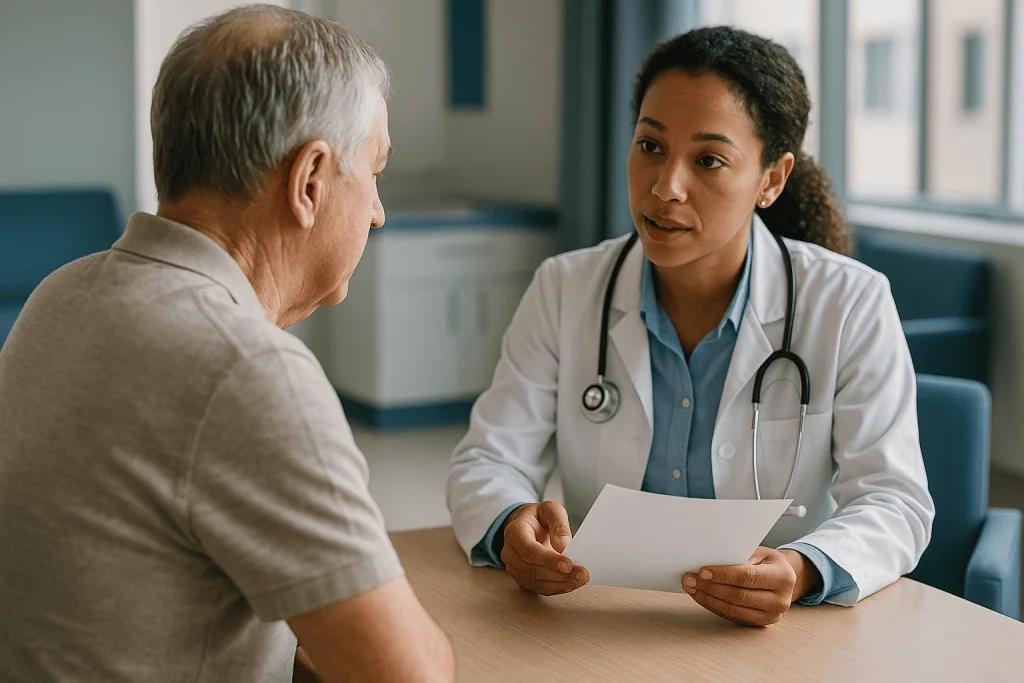 Doctor consulting with older male patient, reviewing medical document: What is the next step after a high PSA result?