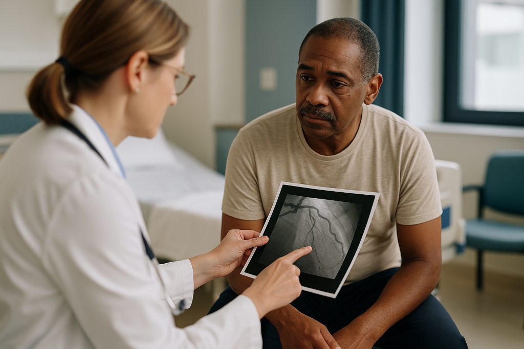 Doctor reviewing coronary angiography X-ray with patient: What is the next step after an angiogram?