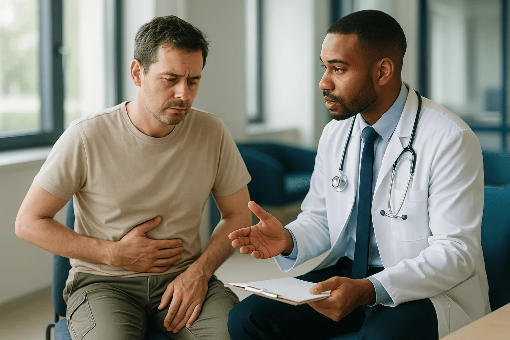 Doctor consulting patient about abdominal pain: What is travelers diarrhea, and how is it different from regular diarrhea?