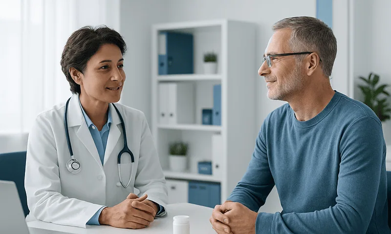 What Is TRT? Who Qualifies, How It Is Given and What Monitoring Looks Like 4 Doctor consulting with middle-aged male patient in a modern clinic.
