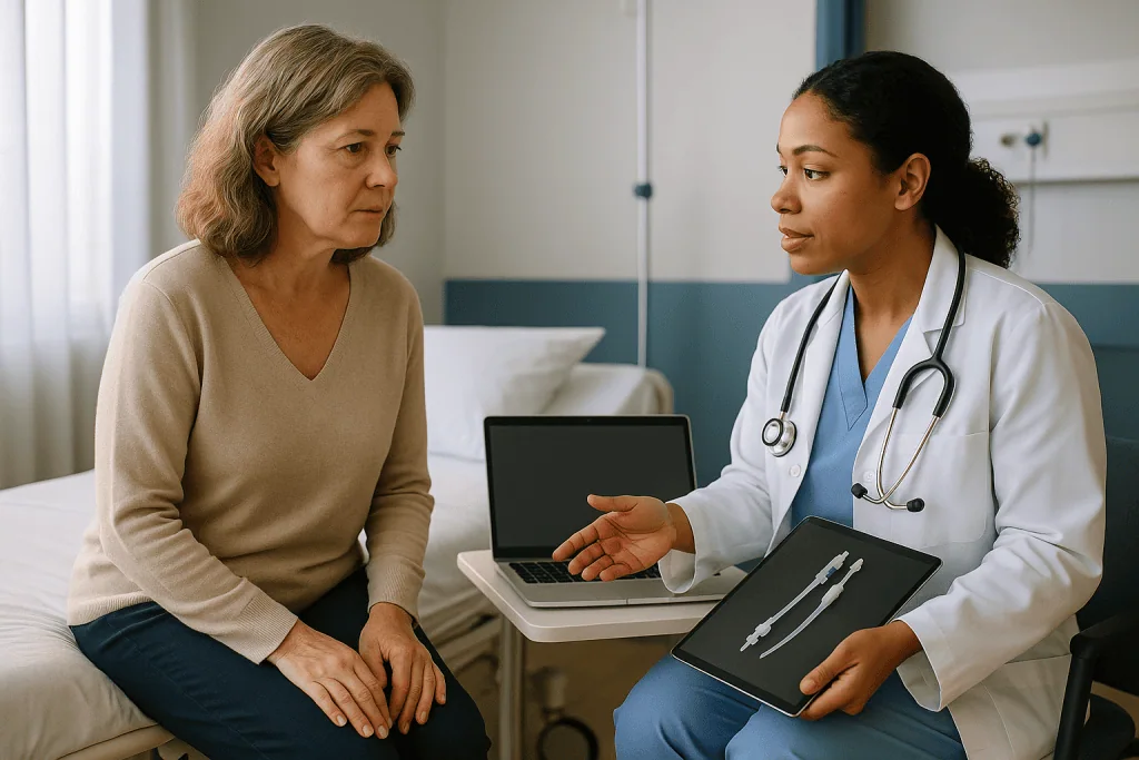 Doctor consulting patient with laptop in clinical setting: What is urodynamic testing, in plain language?