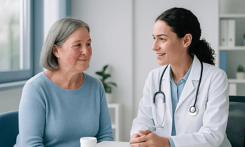 Doctor consulting with an elderly female patient in a medical office.