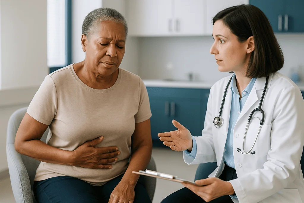 Doctor consulting patient about abdominal symptoms: What low stomach acid (hypochlorhydria) really is, and who gets it