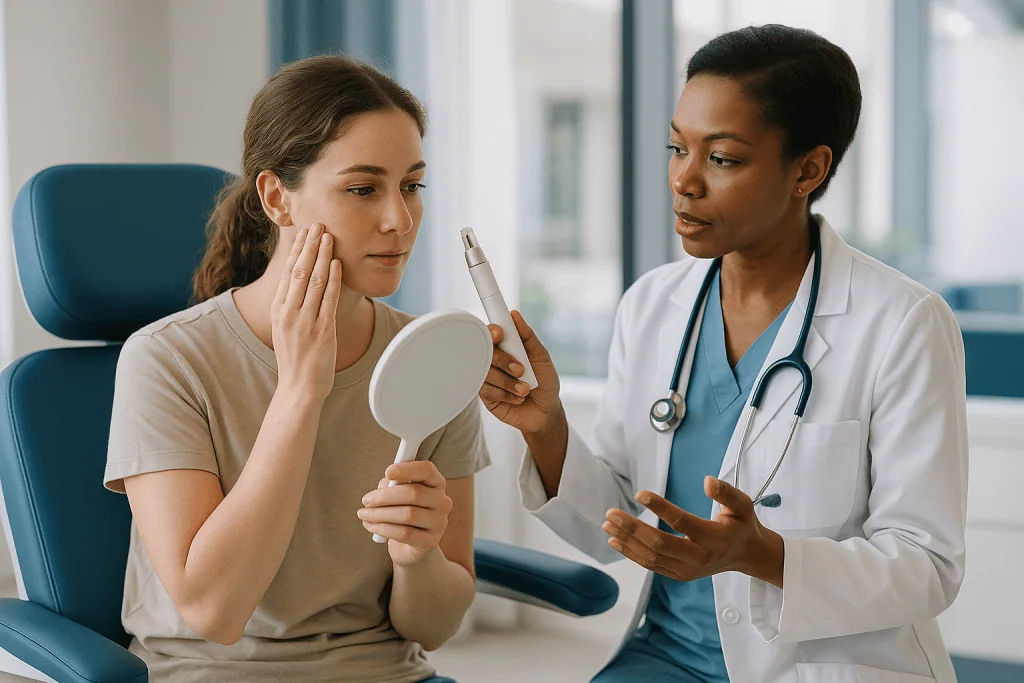 Doctor consulting patient about skin concern with mirror: What microneedling is meant to do to your skin