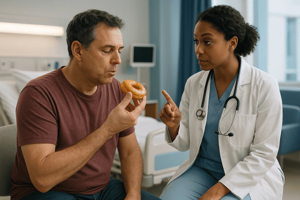 Doctor discussing nutrition with male patient in hospital: What not to do 2 weeks before surgery