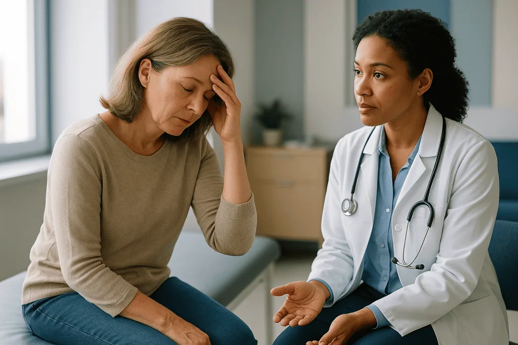 Doctor consulting with middle-aged woman patient: What perimenopause and postmenopause actually feel like