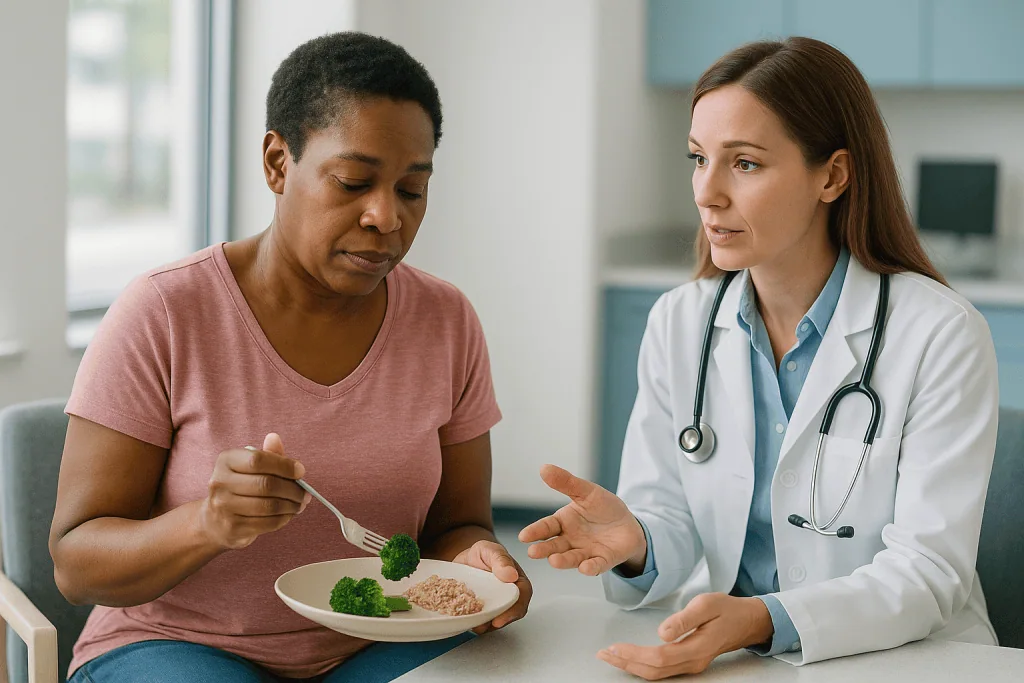 Doctor consulting patient about healthy food plate: What pressing loses: the fiber your gut was counting on