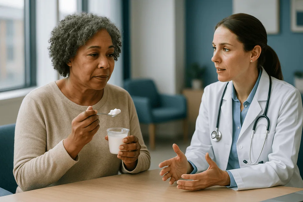 Doctor consulting with patient about dietary supplements: What probiotics are, and what the word does not mean