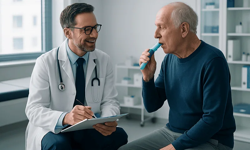 What Pulmonary Rehabilitation Offers People With Bronchiectasis: Realistic Expectations 4 Doctor consulting with elderly patient using inhaler in clinic.