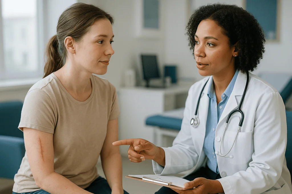 Doctor consulting with patient in clinical office setting: What realistic scar treatment results look like over the first ye