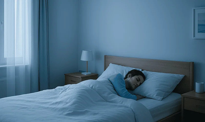 Person sleeping peacefully in a cozy bedroom with blue tones.