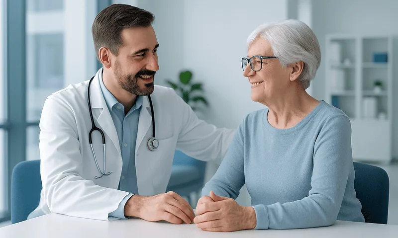 Doctor and elderly patient smiling during consultation at Acibadem Hospital.