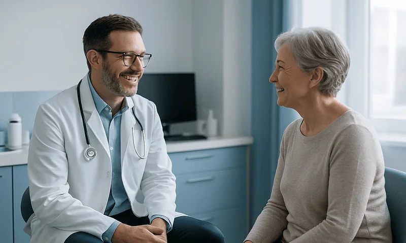 Dentist consulting with an elderly patient in a modern clinic.