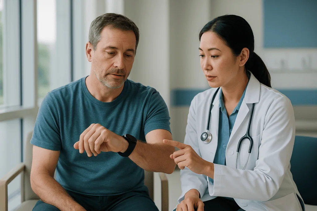 Doctor examining patient's wrist or arm in clinic: What should your Body Battery be on Garmin?