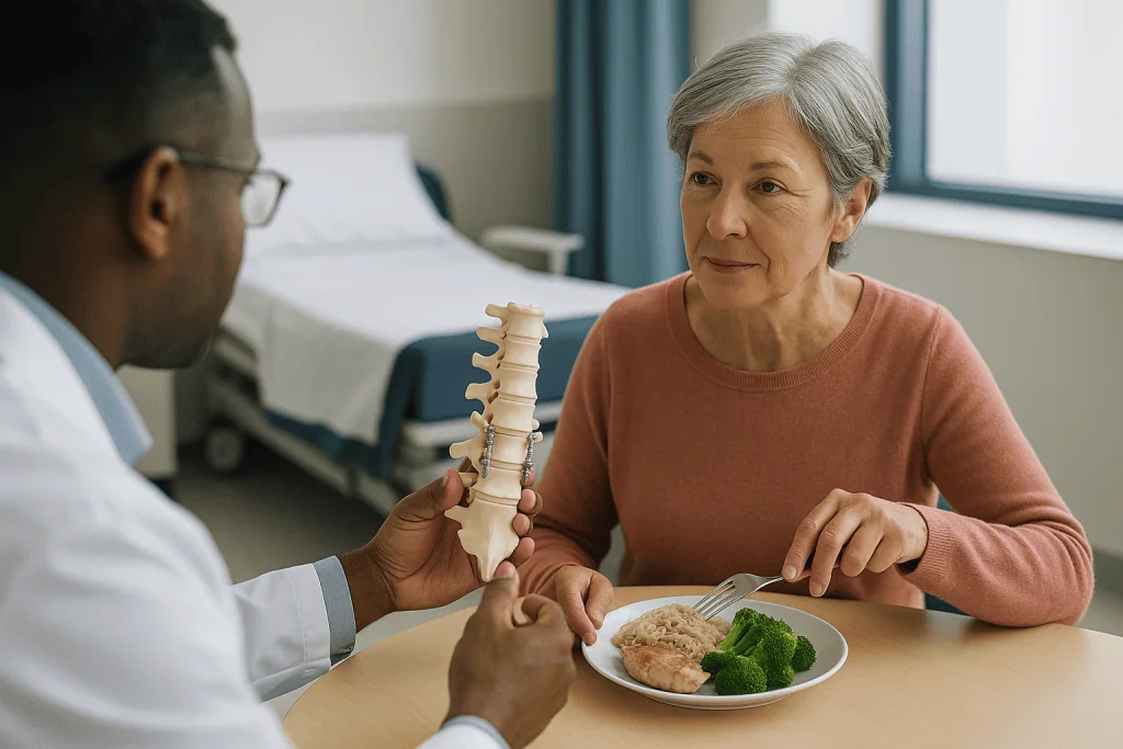 Doctor explaining spine model to senior patient during consultation: What spinal fusion does, and why the screws are not the