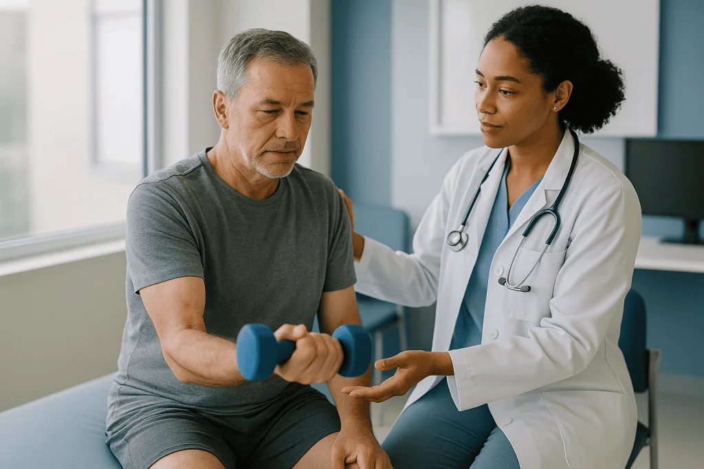 Doctor examining middle-aged male patient with dumbbells: What testosterone actually does after 40