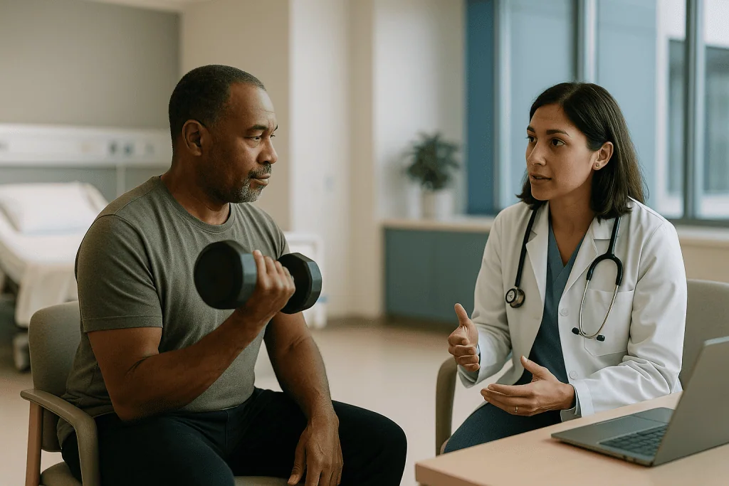 Doctor consulting male patient holding dumbbell in clinic: What testosterone does, and what actually counts as low