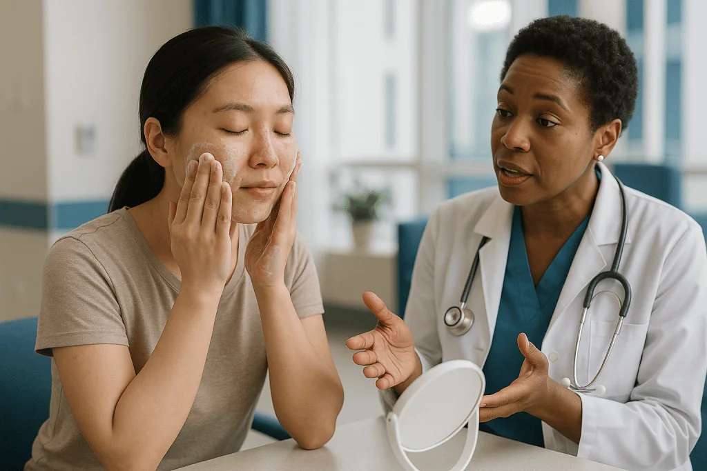 Patient consulting dermatologist about facial skin condition: What the evidence actually says about double cleansing