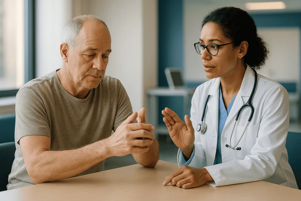Doctor consulting with older male patient about hand joint: What the evidence actually says about knuckle cracking and arthr