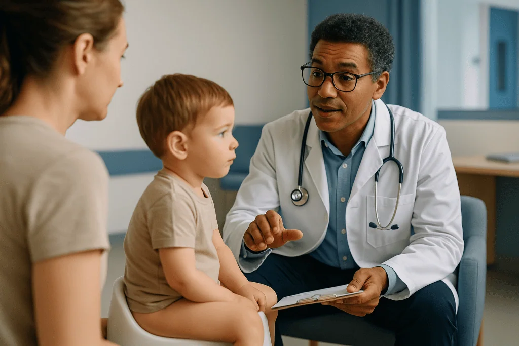 Doctor consulting with mother and young child in clinic: What the evidence actually says about potty training methods