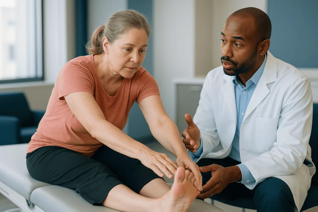 Doctor examining patient's ankle and foot during consultation: What the evidence actually says about static stretching