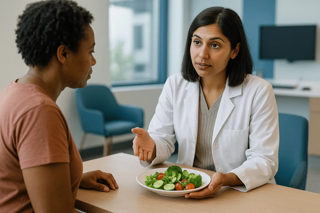 Female dietitian consulting patient about healthy vegetable meal: What the evidence actually says about volume eating