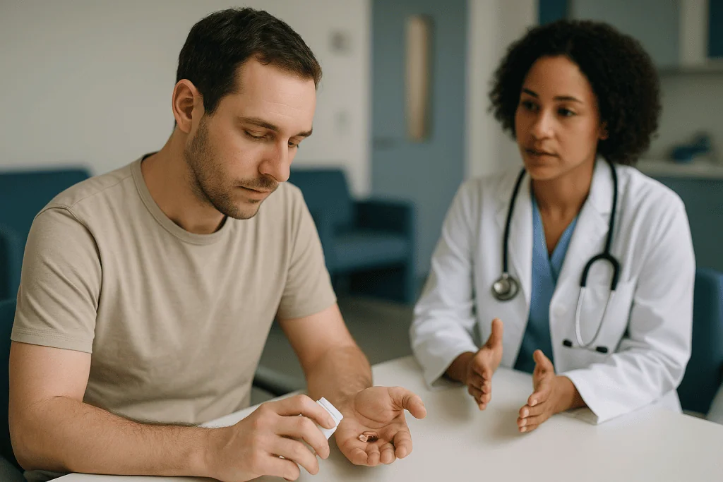 Male patient consulting with female doctor at desk: What the evidence actually says, graded by strength