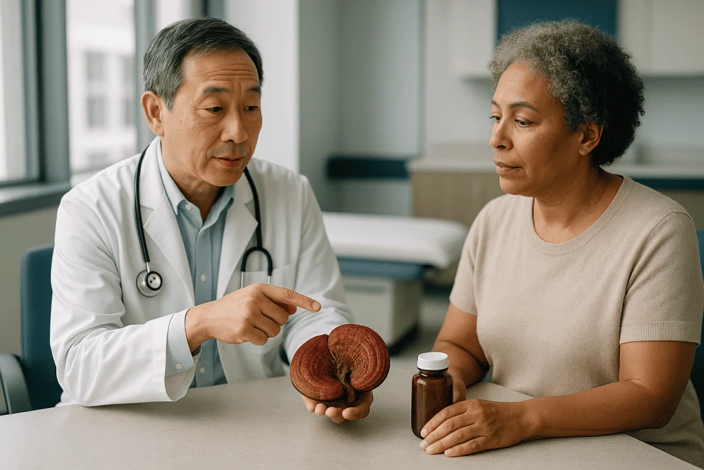 Doctor consulting patient about medicinal mushroom specimen: What the evidence actually says: grading the reishi mushroom be