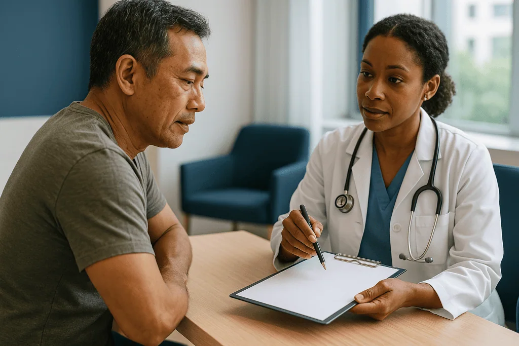 Doctor consulting with male patient, taking notes: What the evidence actually says: grading the strength of the trials