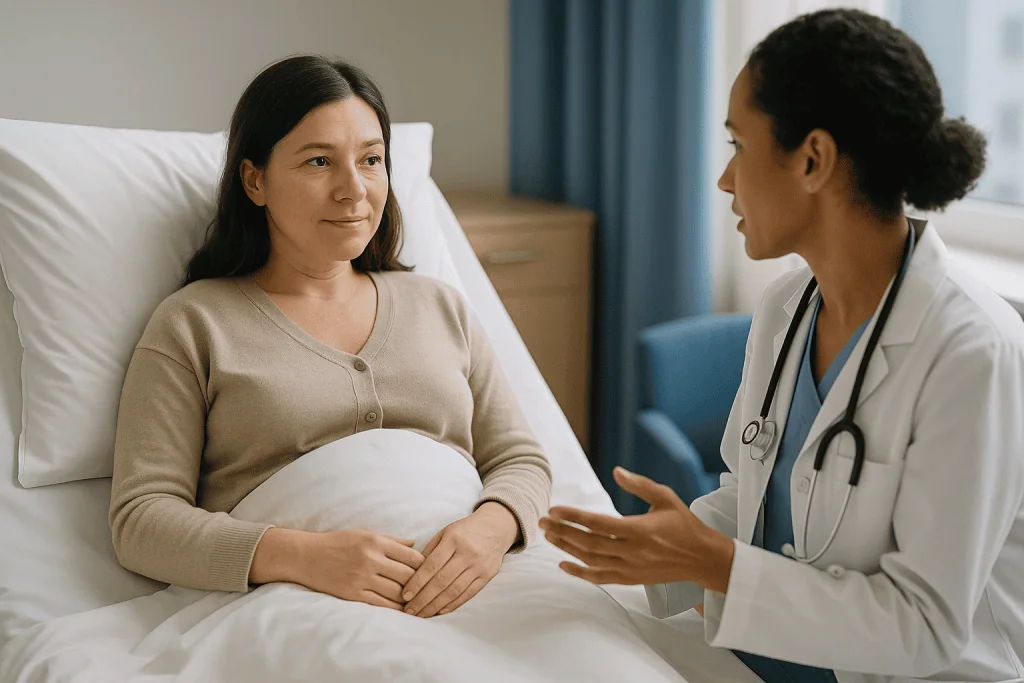 Pregnant patient in hospital bed consulting with female doctor: What the evidence says about bed rest after embryo transfer