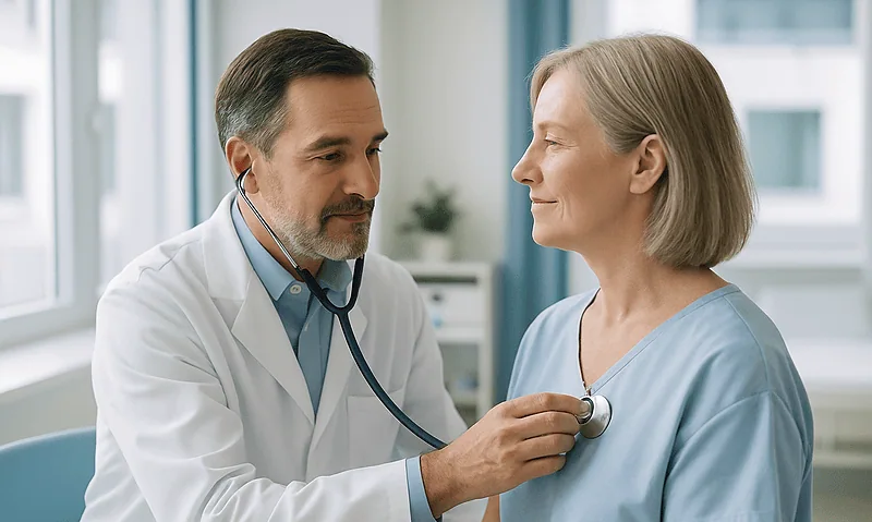 What the Robot Does in Robotic Heart Surgery: Arms, a 3D Camera and Small Chest Incisions 3 Doctor examining a female patient with a stethoscope in a hospital room.