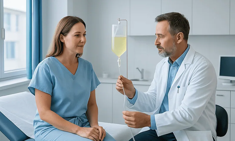 Doctor explains tumescent solution to patient in a clinical setting.