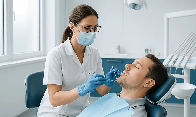 Dentist examining patient's mouth in a dental clinic setting.