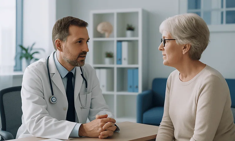 Doctor consulting with an elderly female patient in a modern clinic.