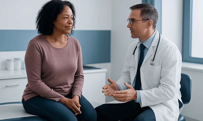 Doctor consulting with a female patient in a medical office.