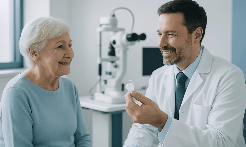 Ophthalmologist discussing intraocular lens options with elderly patient.