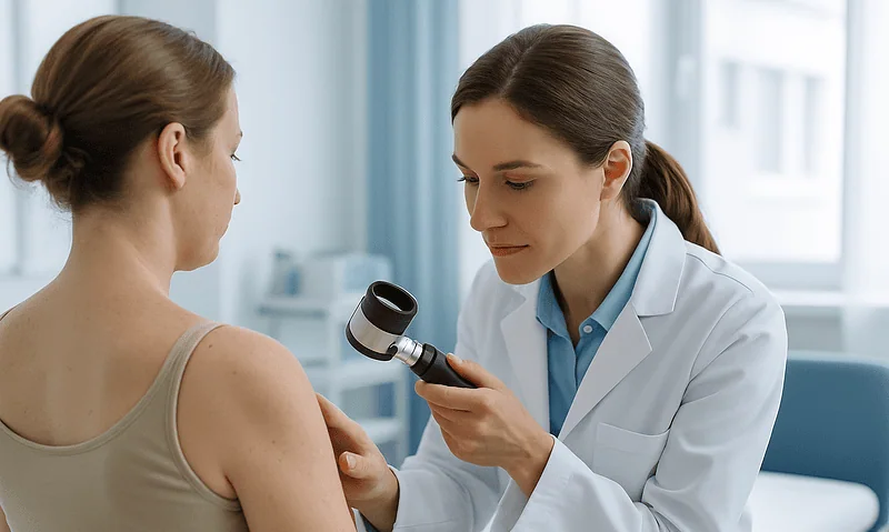 Doctor examining a patient with a stethoscope in a clinical setting.