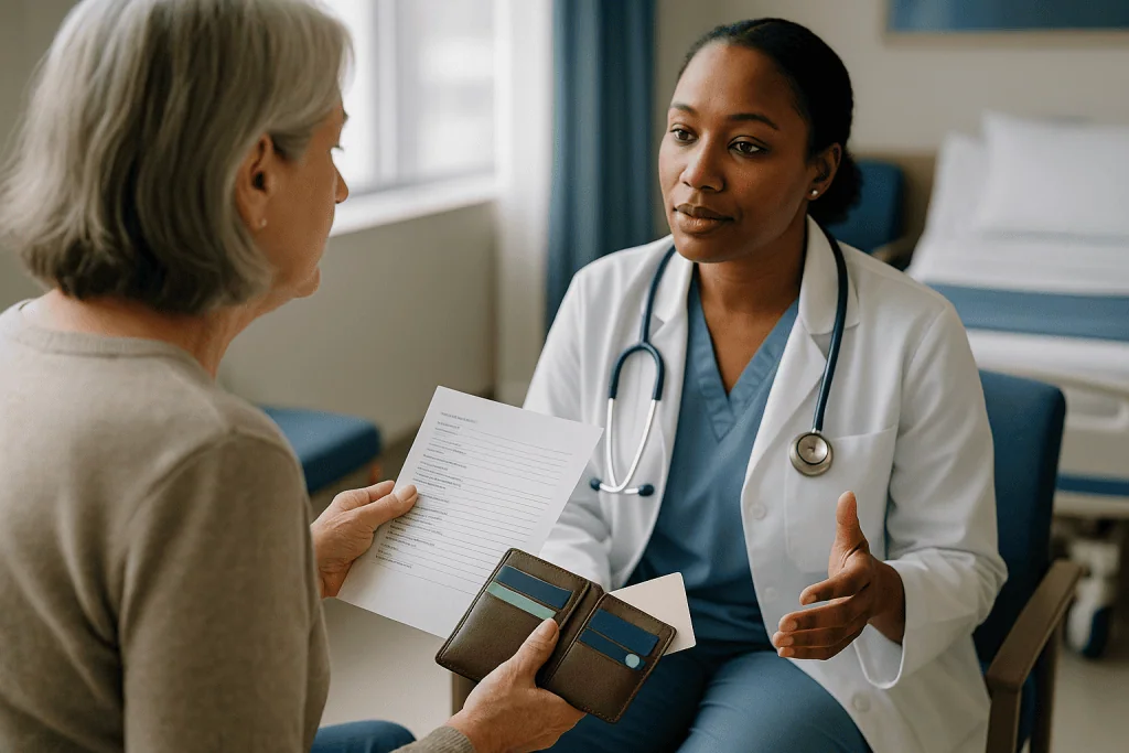 Doctor consulting with patient about medical documents: What to pack for surgery: documents, cards and your medication list