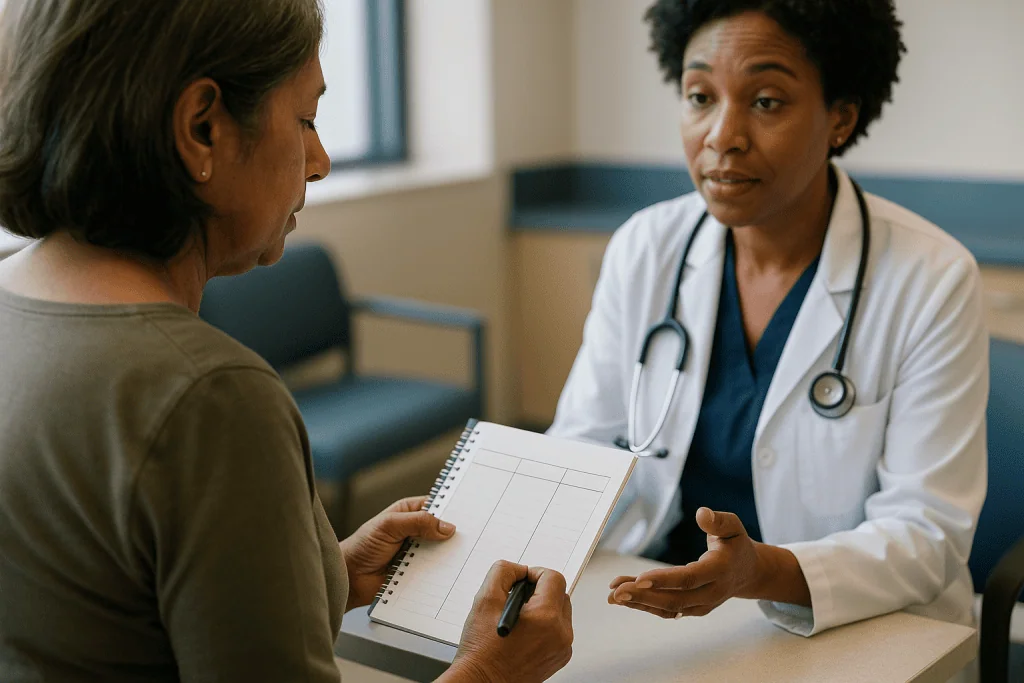 Doctor consulting with patient, reviewing medical notes: What to track for bowel incontinence: the core columns