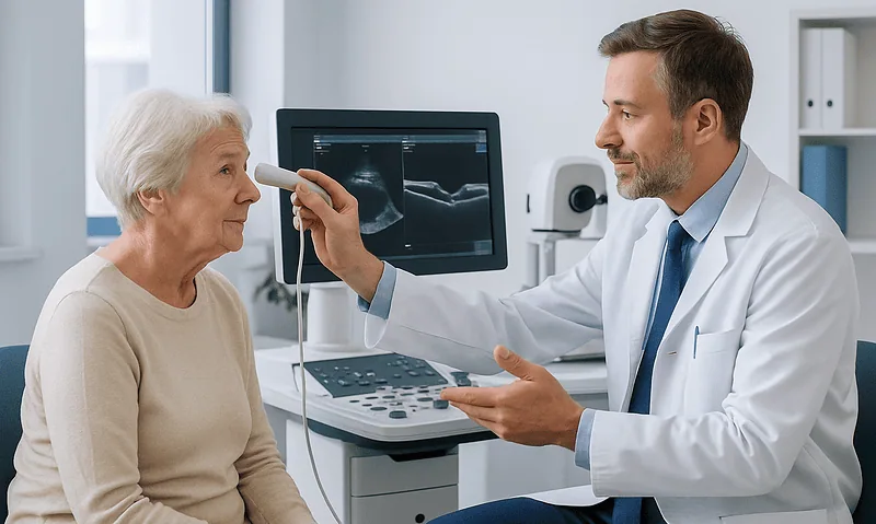 What Ultrasound and OCT Show Before Retina Surgery and How the Images Shape the Plan 4 Ophthalmologist examines elderly woman's eye with ultrasound device.